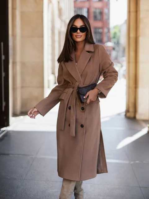 2023 Autumn and Winter Simple Long-sleeved Suit Collar Strap Woolen Long Coat Womens Clothing Coats for WomenX241009