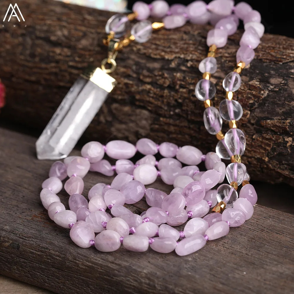 Natural white quartz free-form point pendant Kunzite crystal irregular chip bead knot Mala handmade necklace jewelry 241018