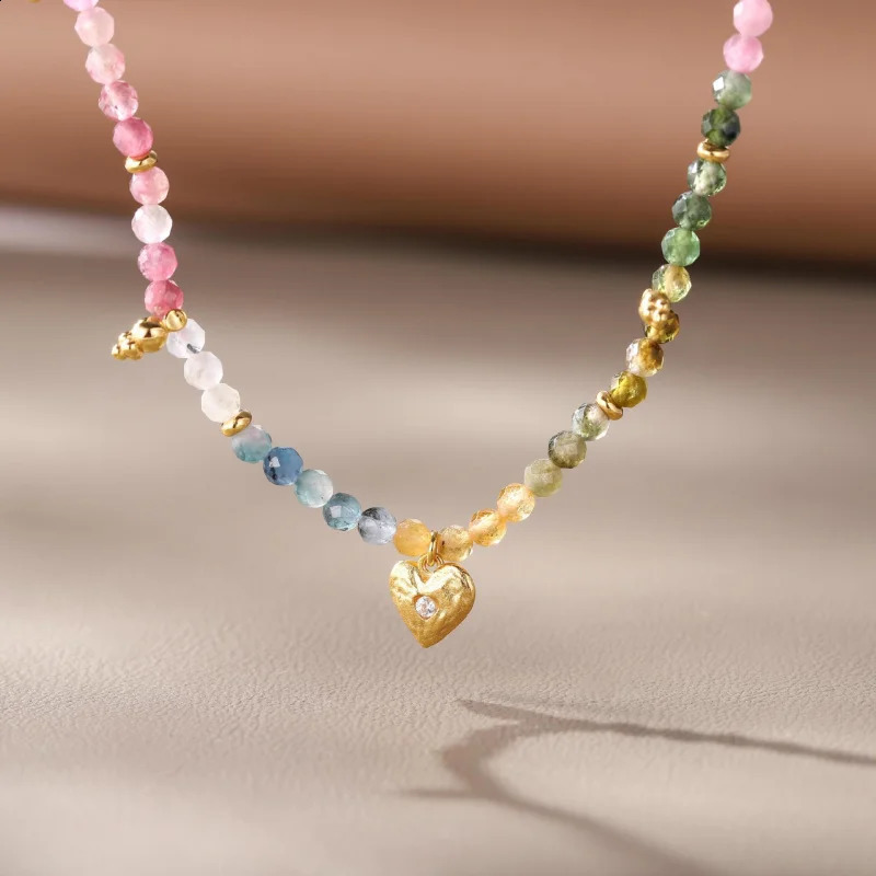 Love tourmaline inlaid necklace with natural gemstone beads pendant 925 silver 241017