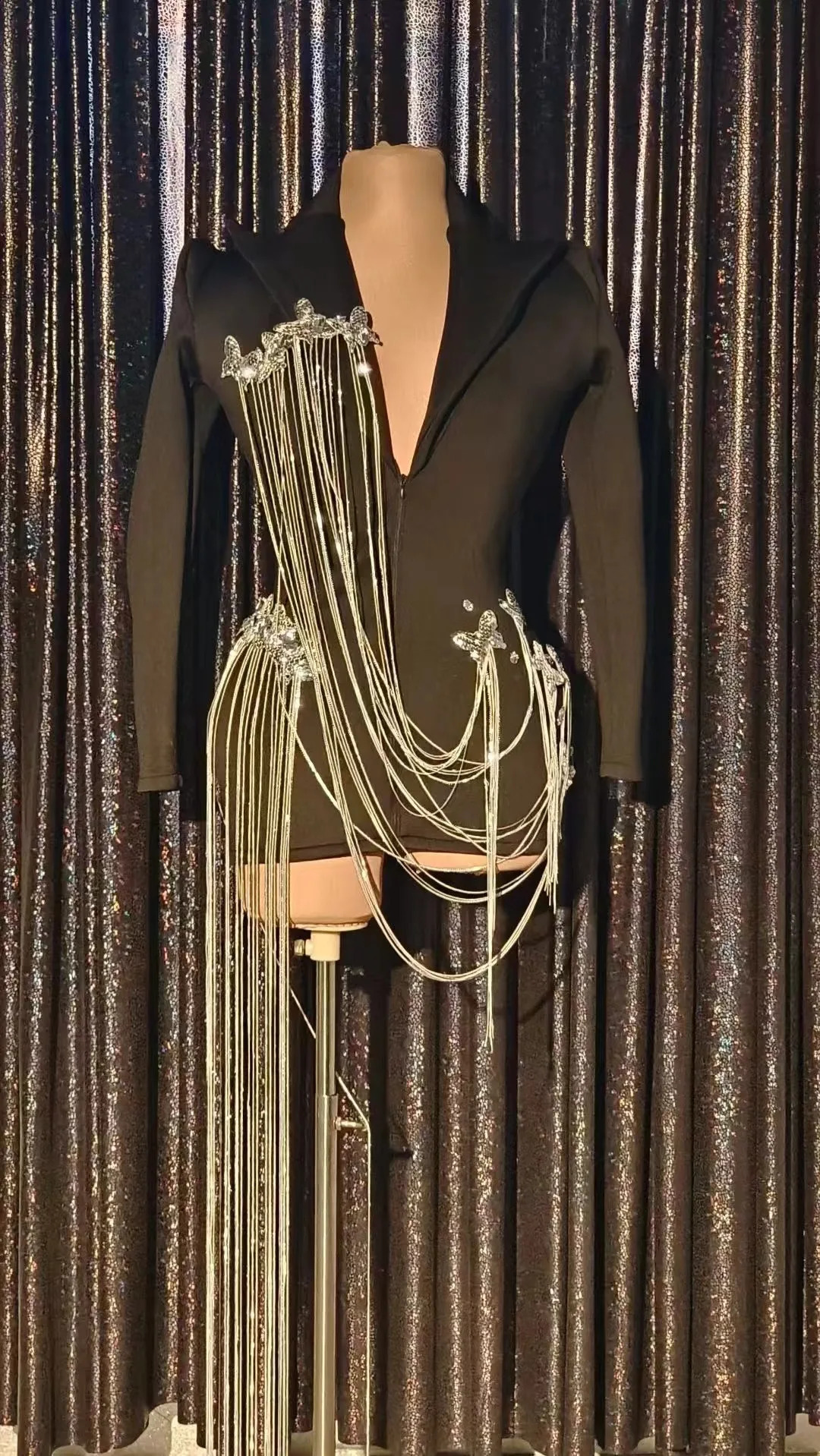 Collar Birthday Party Nightclub Dress Singer Dress Sparkling Tassel Chain Mini Dress Black Fashion Set 241017