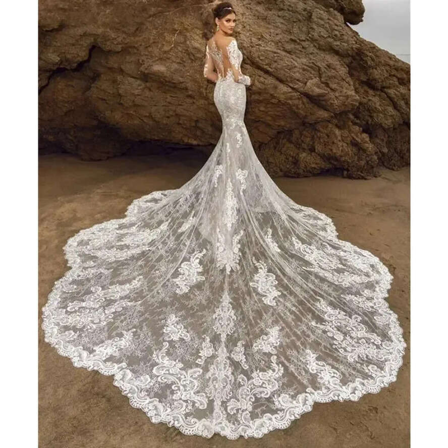 Long Bridal Gowns Mermaid Lace Illusion Scoop Necke Full Sleeves Chapel Train Plus Size Wedding Dresses Vestidos De Novia