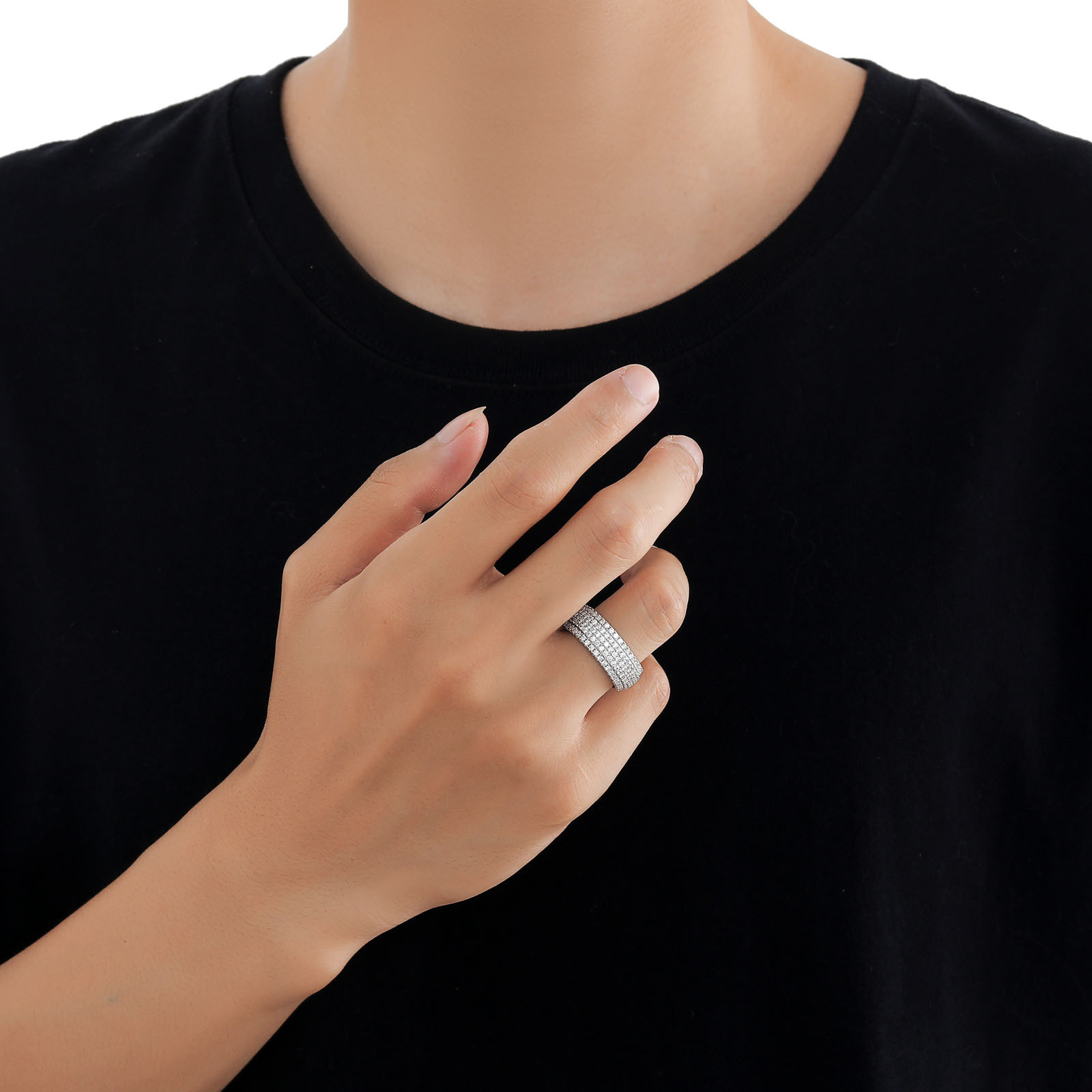 Hip Hop Five Rows Zircons Ring 18K Real Gold Plated Mens Finger Ring Jewelry