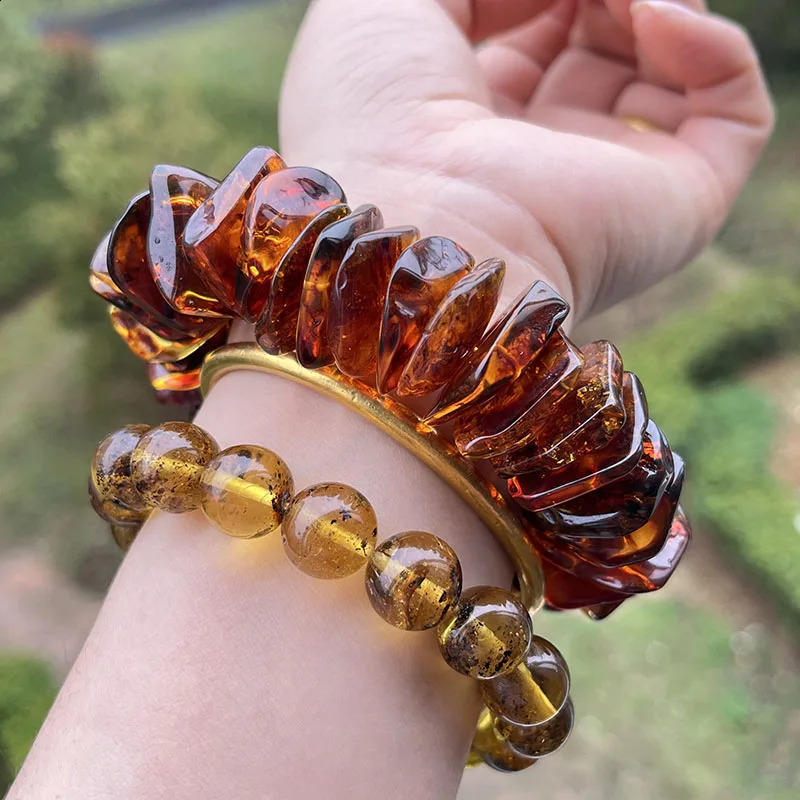 Large amber bracelet suitable for unisex unique natural genuine Piebald plants square irregular Diy beads exposed jewelry supplier 241018
