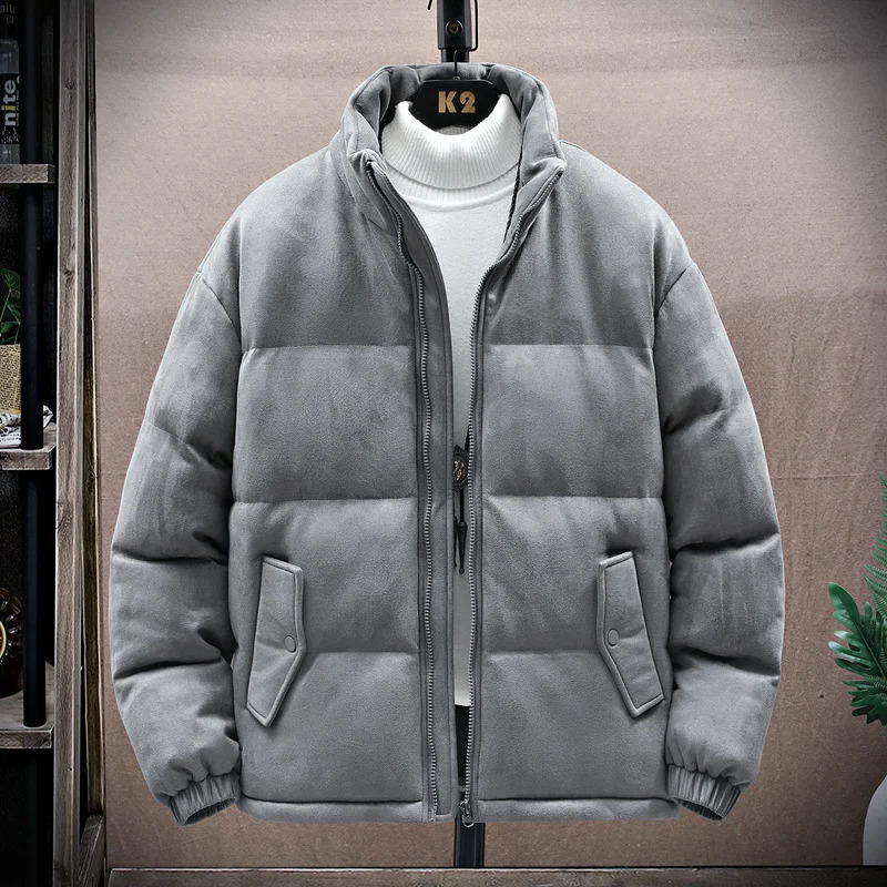 Waterproof jacket mens winter stand up collar artificial suede inflatable jacket retro park mens solid color fashionable oversized warm jacket 241007
