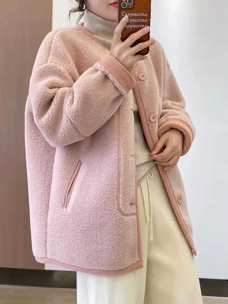 Woman Clothing Autumn Winter New V Neck Plush Jacket Korean Fashion Lamb Wool Womens Coat Taro Purple Solid Warm JacketsX241018