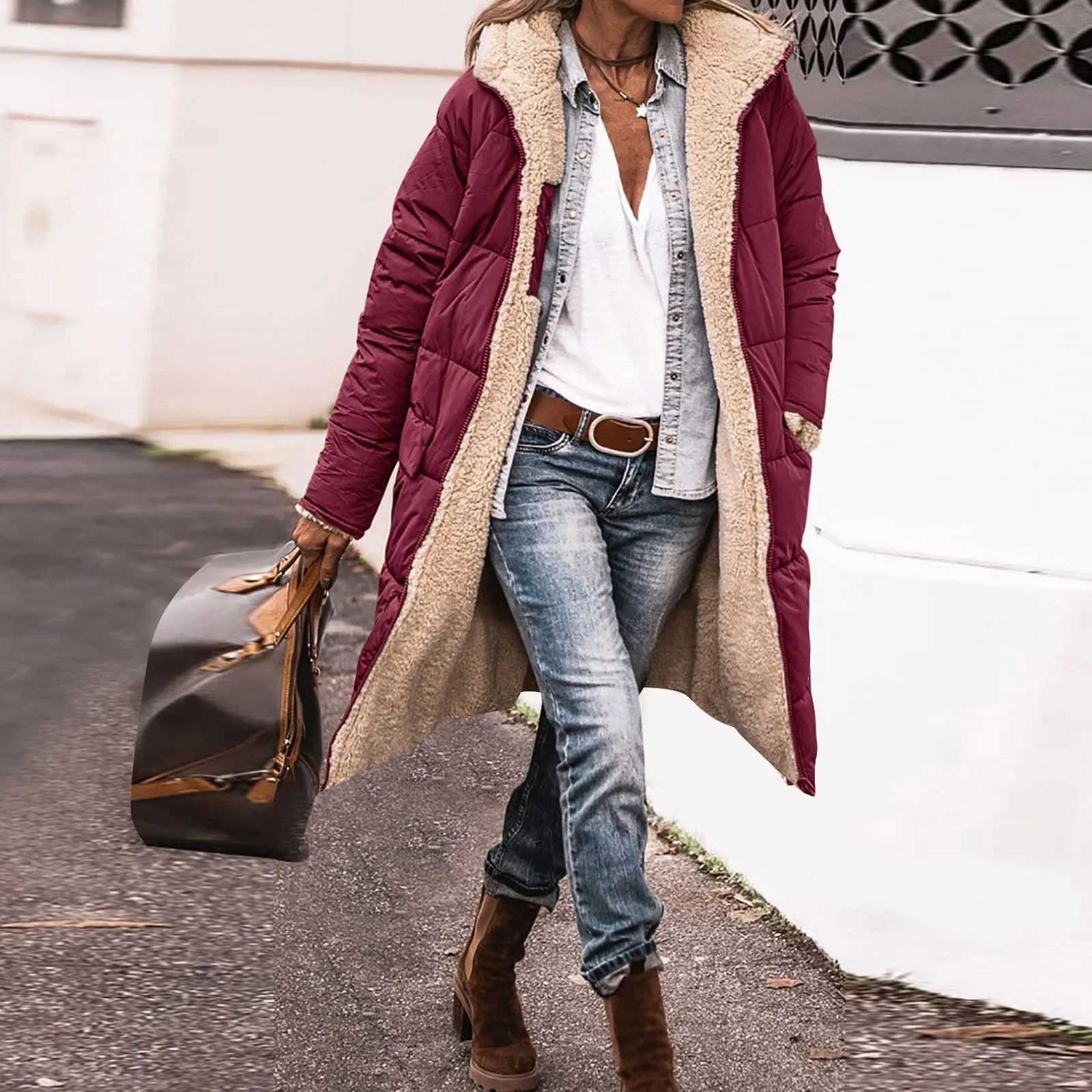 Womens Loose Solid Color Plush Long Parkas 2023 New Winter Parkas Coat Womens Casual Long Sleeve Hooded Pocket Zipper CoatX241018