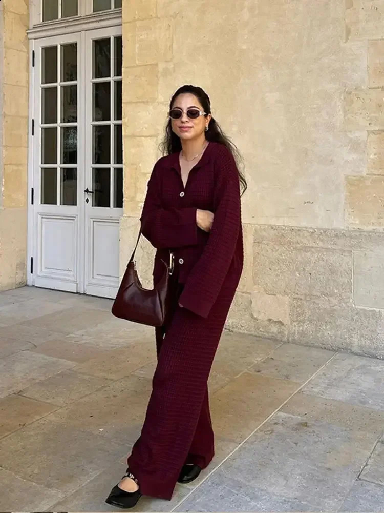 2024 Autumn Women Wine Red Knit Sweater 2 Peice Sets V-neck Cardigan Coats High Waist Wide Leg Pants Ladies Fashion Casual Suits 241017
