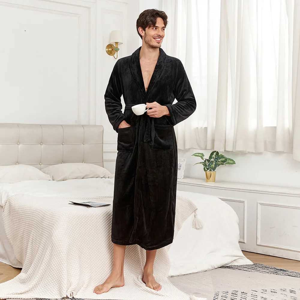 Mens Robe Flannel Kimono Nightwear Loose Winter Homewear Bathrobe Gown Shower Solid Color Sleepwear with Pocket LoungewearXJ241018