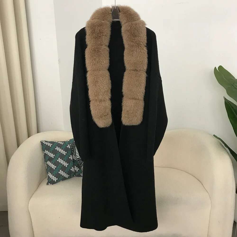 New Autumn/Winter Slouchy Long Over Knee Knitted 2024 Real Jacket Women's Natural Fox Fur Collar Loose Coat