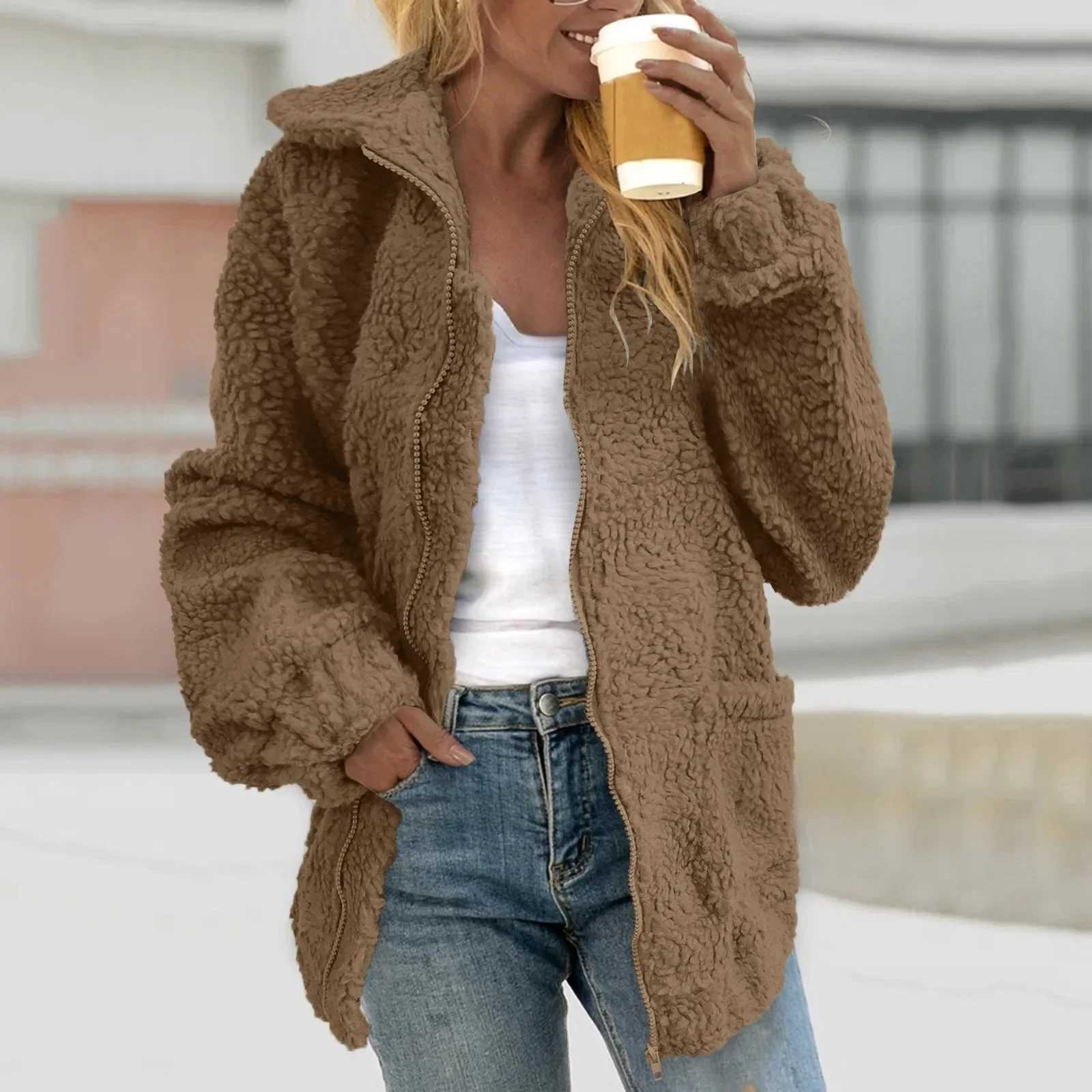 Fashion 2023 Autumn Women Teddy Bear Fluffy Jacket Stand Collar Loose Plush Jacket Brown Solid Warm Outwear Faux Lamb CoatsX241018