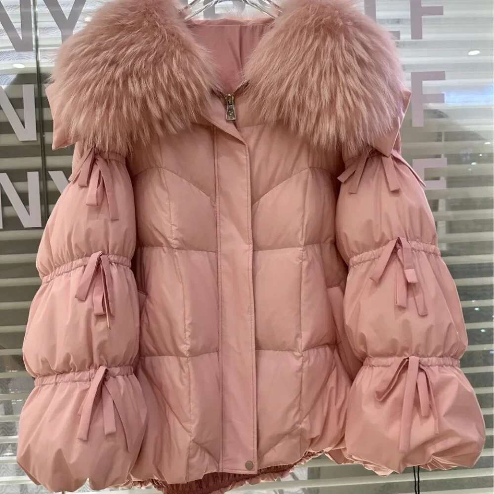 Winter Bow Tie Sleeve Fashion Puffer Coat Natural Real Raccoon Fur Collar Down Jacket Women