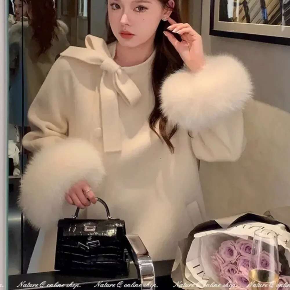 Coat Women Autumn And Winter 2024 New Double Sided Woolen Real Fox Fur Loose Bow Clip Wool Outerwear Female