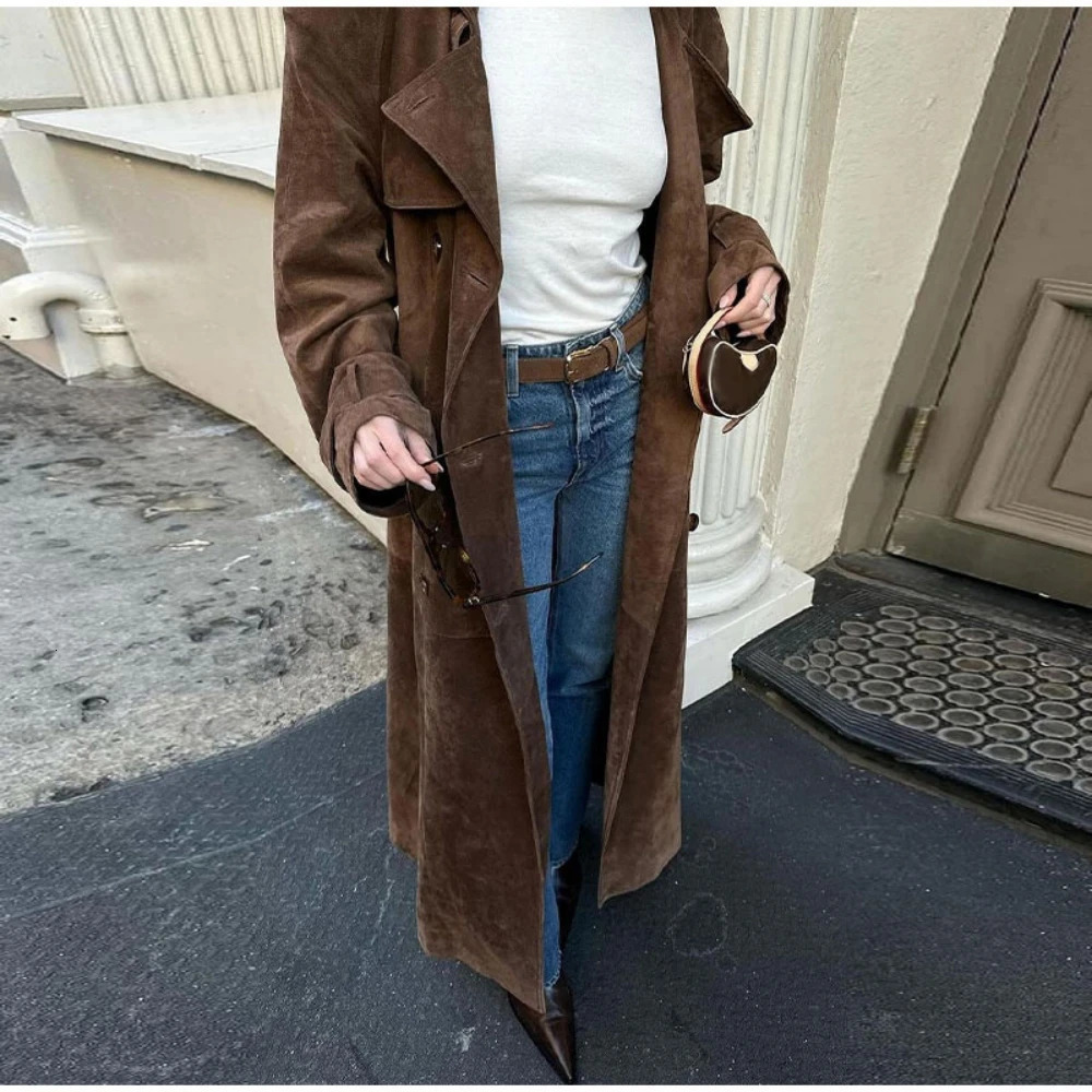 Elegant Suede Leather Belt Long Windbreaker Coat Fashion Double Button Lapel Oversize Jacket Autumn High Quality Streetwear 241018