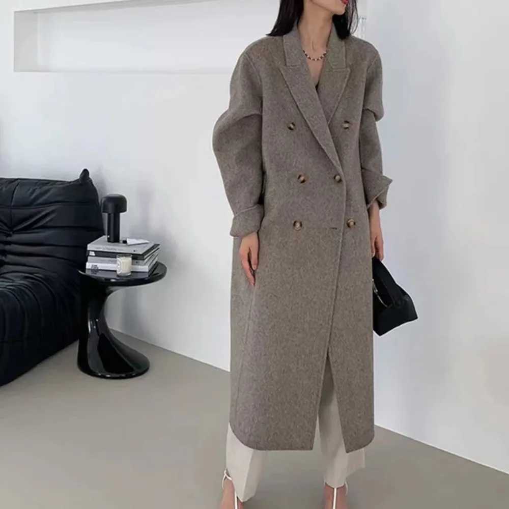 2024 Autumn Winter New Drouble Breasted Woolen Coat Women Tailored Collar Long Loose Woolen Jacket Female Casual Fashion KoreanX241009