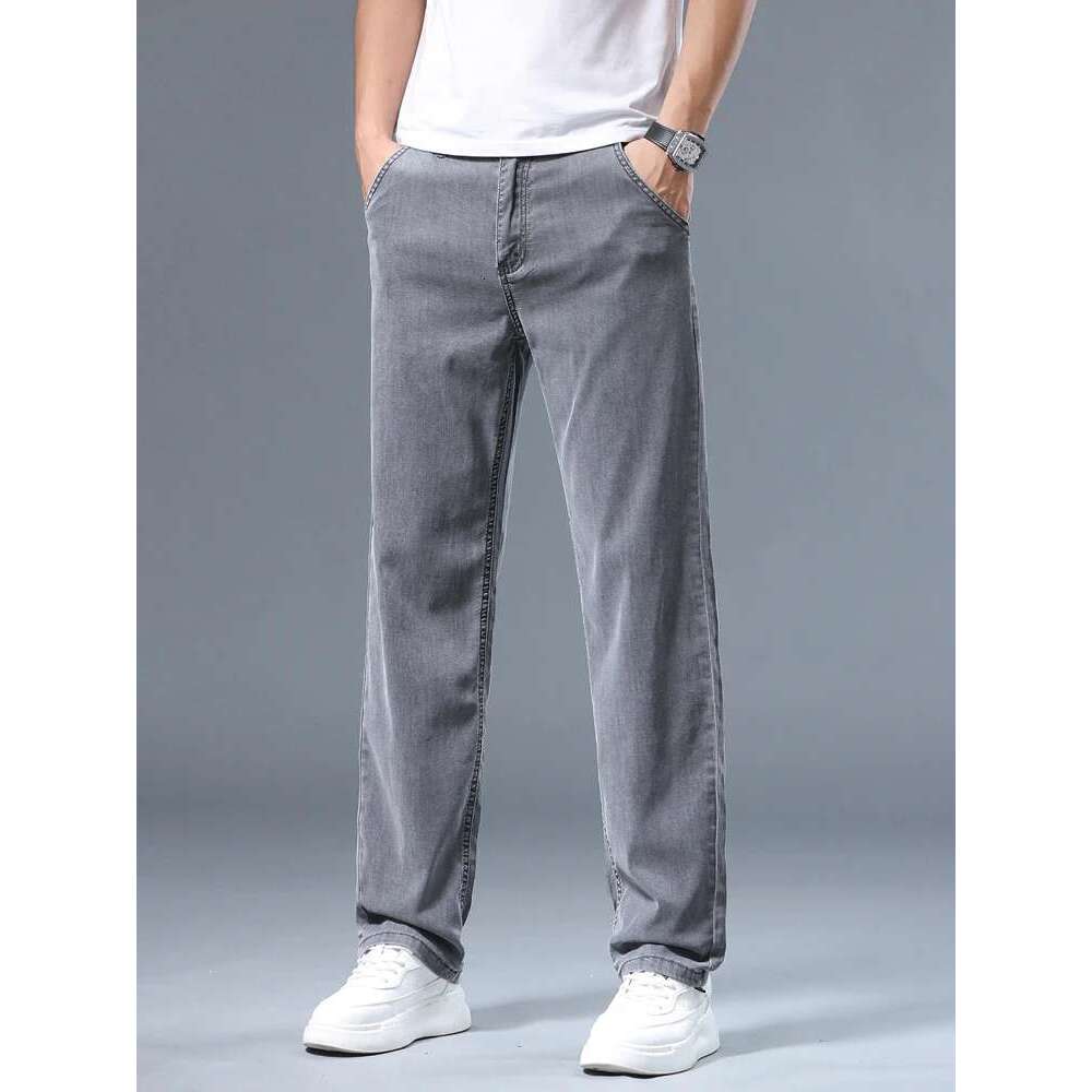Summer Men's Lyocell Baggy Jeans Thin Soft Drape Business Casual Trousers Classic Gray Brand Straight Ice Silk Pants