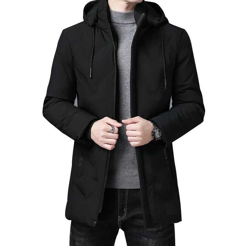 Fashion Men Long Parkas Coat Solid Slim Fit Warm Thicken Jacket Outwear Windproof Coat Hooded Cotton-padded Zipper Windbreaker LX241018