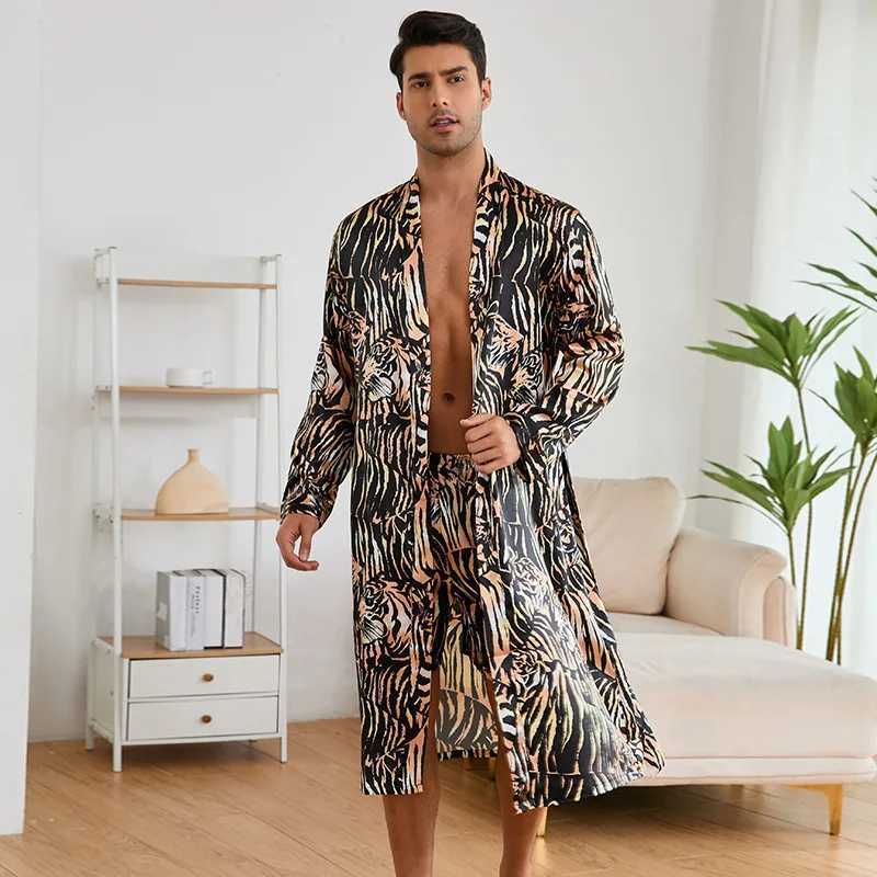 Men Bath Robe Satin Print Tiger Silk Bathrobe Home Sleepwear kimono Dressing Gown Bathrobe For MaleXJ241018