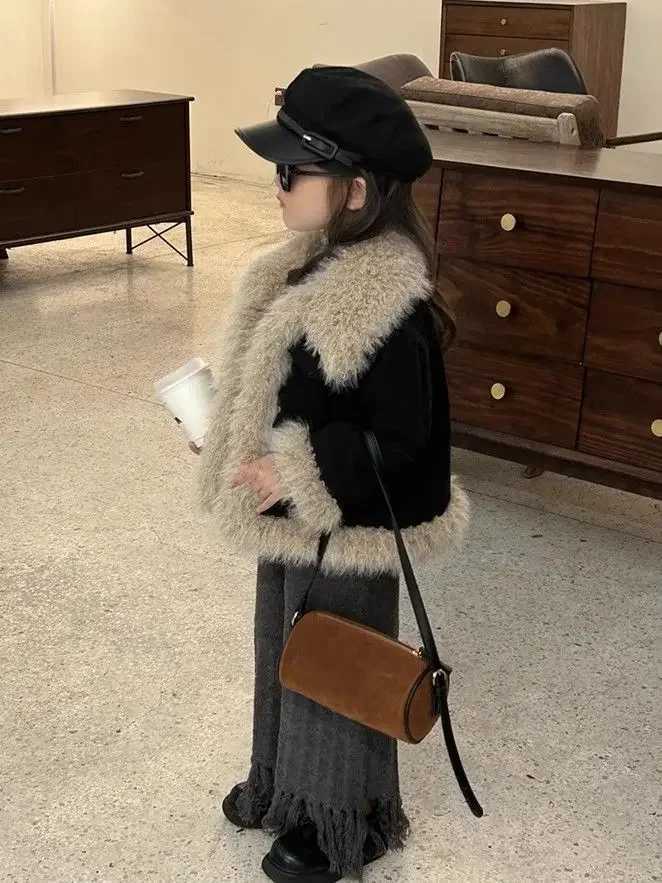 Girls winter denim jacket fashion patch work artificial fur coat Korean fashion cotton jacket fashion girls clothing 2 to 8 years M241018