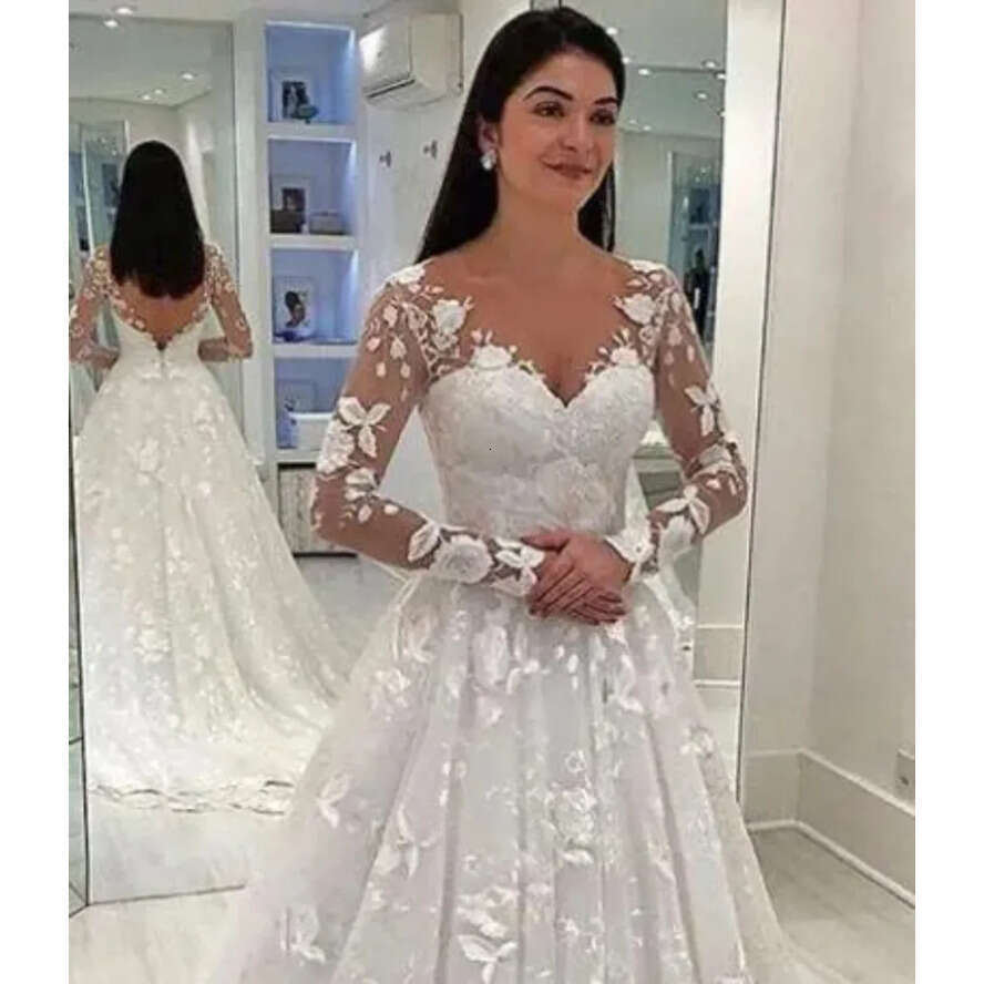 White Women Wedding Sexy Dress Deep V-Neck Long Mesh Lace Sleeve A-E Pleated Or-Length Dresses Es 0417 es
