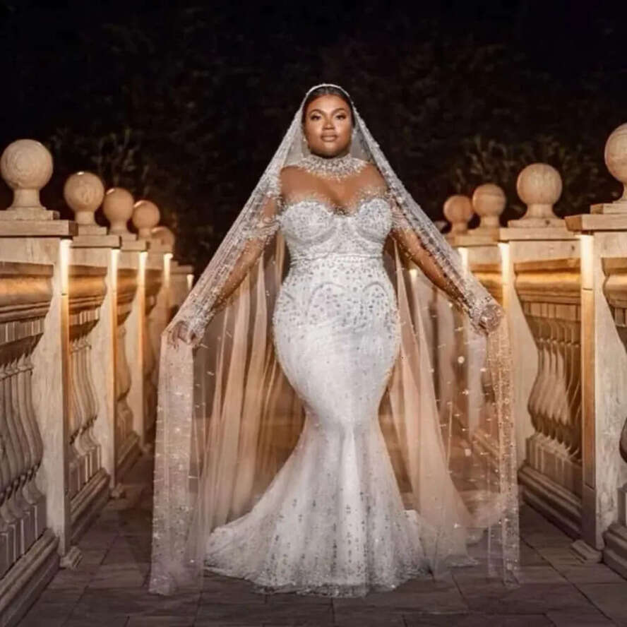 Ebi Oct Aso Arabic Plus Size Ivory Mermaid Wedding Dress Beaded Crystals Lace Bridal Gowns Dresses ZJ Es Es