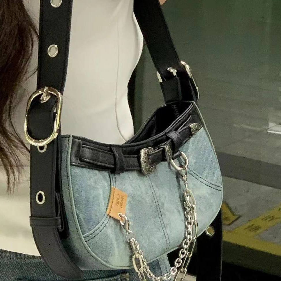 Retro American Fashion High Denim Fabric Women's Handbag Pocket Large Capacity Boston Crossbody Bag