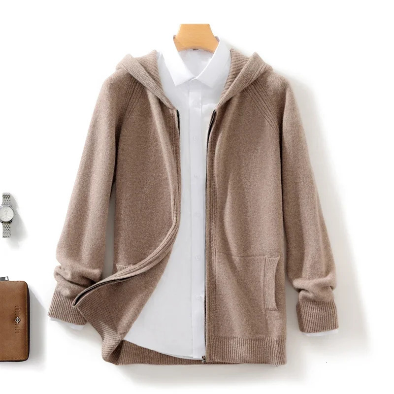 Spring 100% Merino Wool Sweater Mens Hooded Zipper Cardigan Business Casual Knitted Solid Color Jacket Long sleeved Top 241018