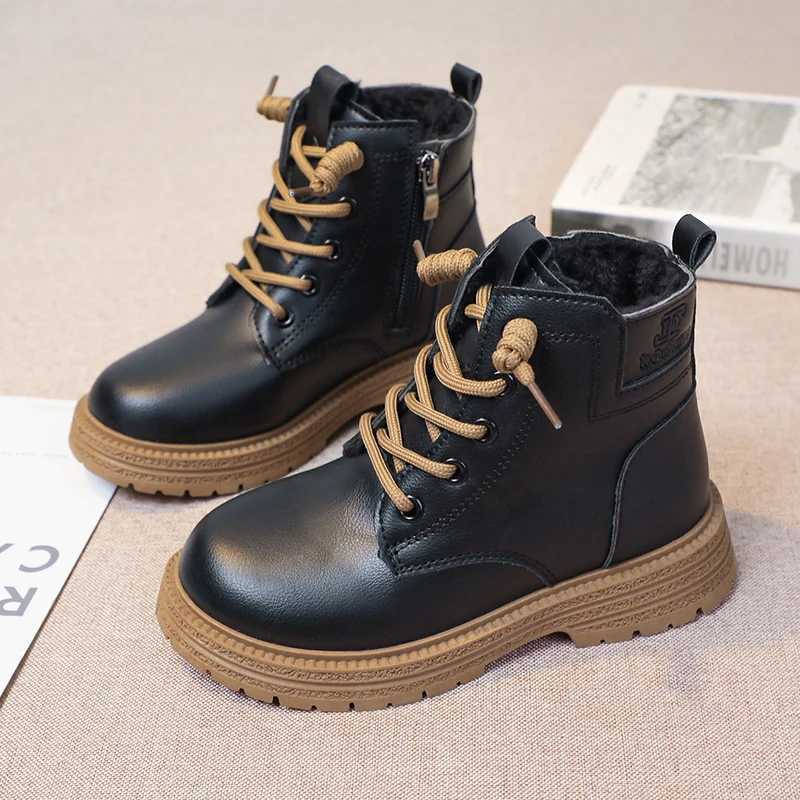 Boots Girls Leather Boots Kids Fashion Rubber Boots Cool Soft Sole Side Zip Children Catwalk Boots Round-toe Solid Color 2024 New H241018