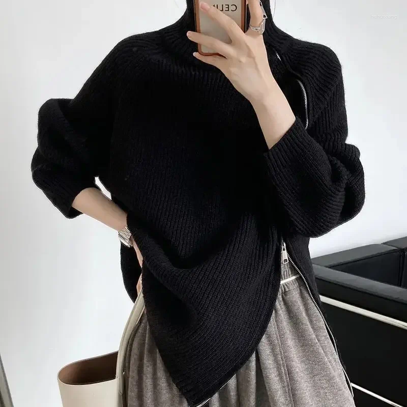 Turtleneck Cashmere Sweater For Women - Zippered Autumn Winter Fashion Knitted Pullover