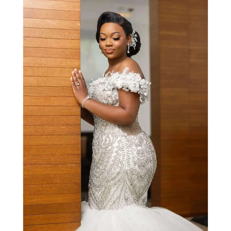 Arabic Aso Oct Ebi Urious White Mermaid Wedding Dress Beaded Crystals Tulle Bridal Gowns Dresses ZJ Es es