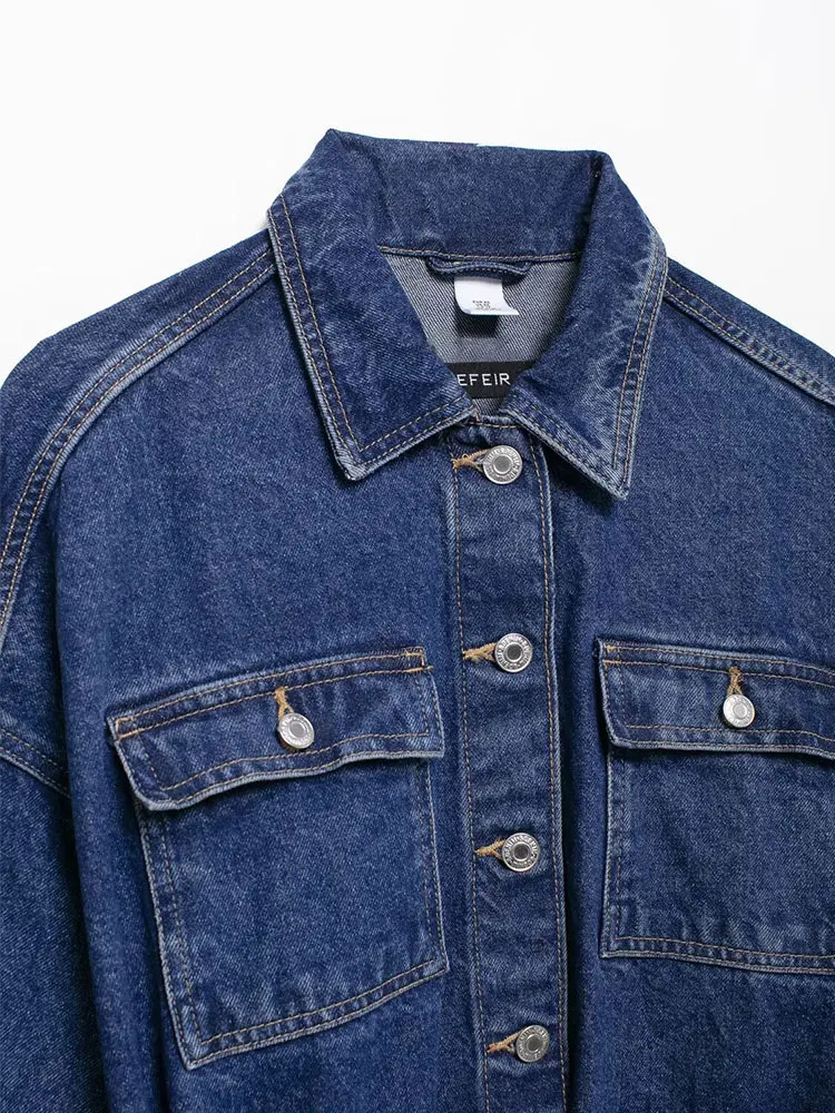 TRAF Autumn Vintage Denim Jacket Women Loose Sash Tie Up Mid Length Coat Y2k High Street Casual Chic Tops 241018