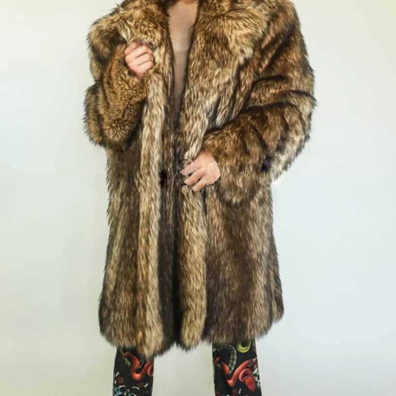 Mens autumn and winter thick Maxi faux fox fur coat jacket long sleeved warm luxury fur black park Bontjas fur furry coat W241009
