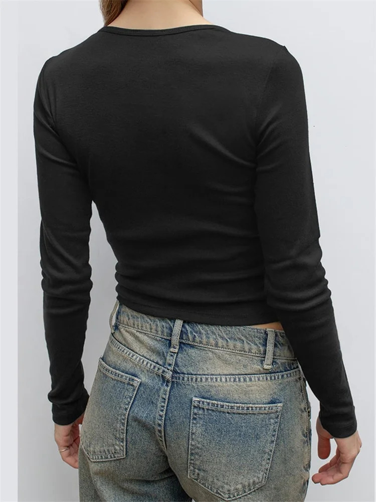 CHRONSTYLE Women TShirts Crop Tops Slim Fit Round Neck Long Sleeve Bow Embroidery Ribbed Tees Shirt Summer Fall Streetwear 241018
