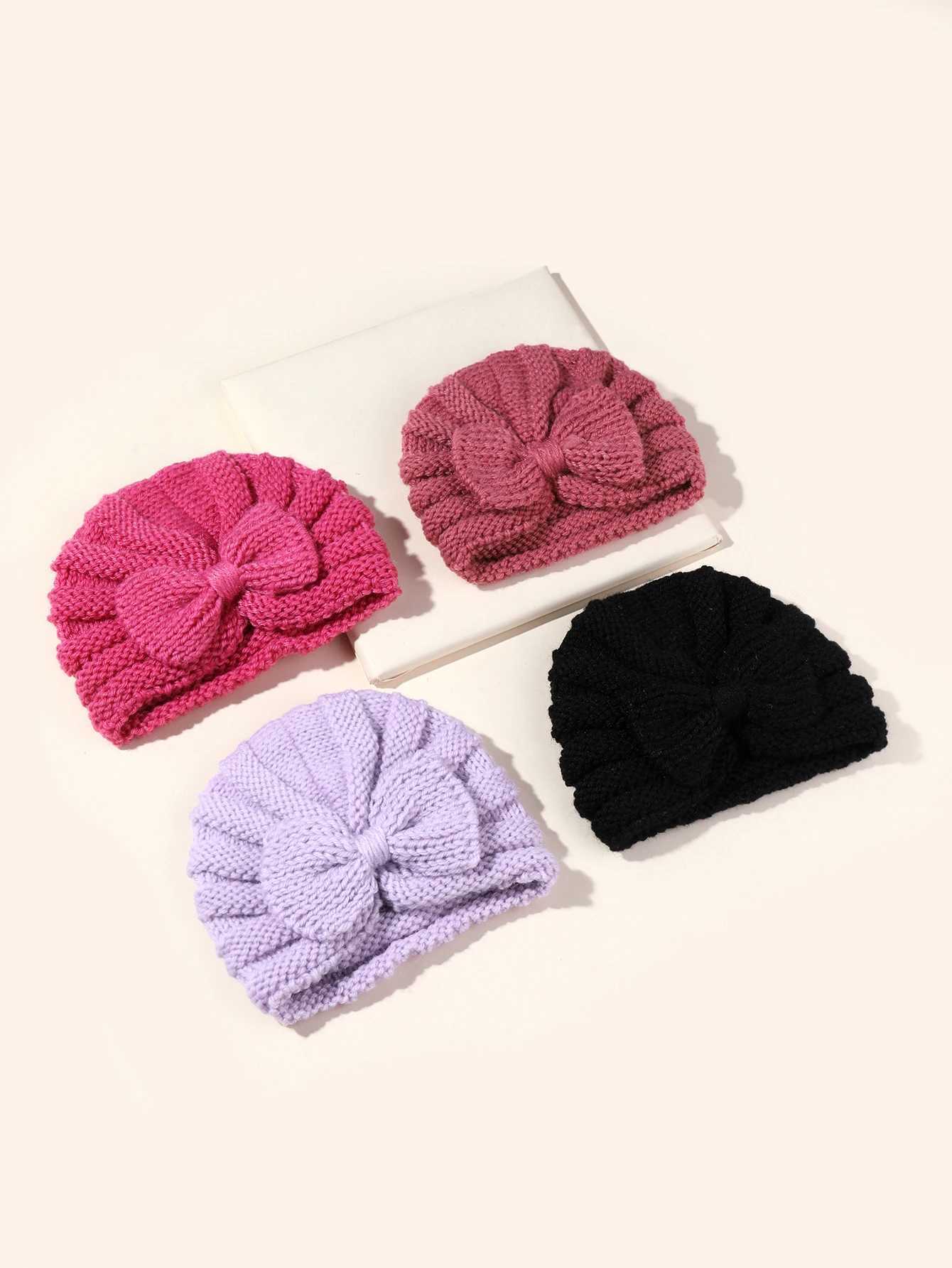 4pcs Bow Knit Baby Hat Girls Boys Elastic Bonnet Autumn Winter Warm Turban Hats Solid Color Woolen Cap Kids Accessories LX241018