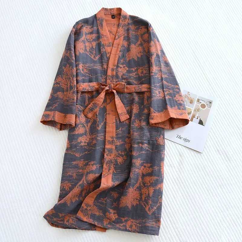 Womens Printed Cotton Loose Fitting Bathrobe Japanese Style Tie Up Kimono Bathrobe Sweat Steaming Cotton Pajamas Robes WomenXJ241018