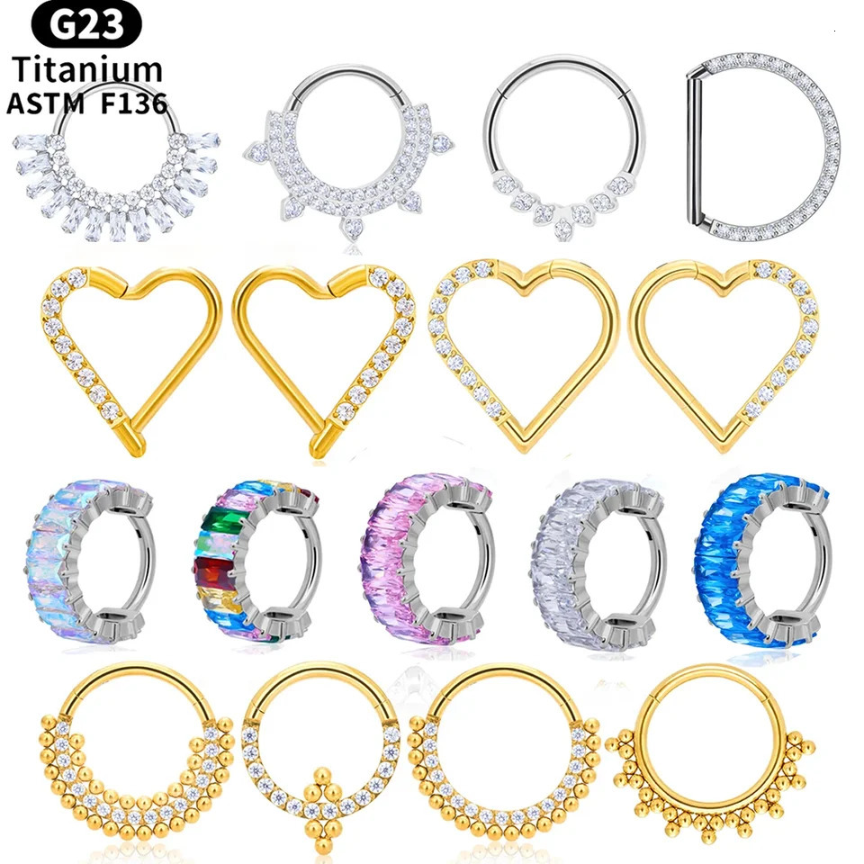 ASTM F136 G23 Septum Nose Ring Hoop Daith Heart Earring 16G CZ Hinged Segment Tragus Cartilage Helix Piercing Jewelry 241007