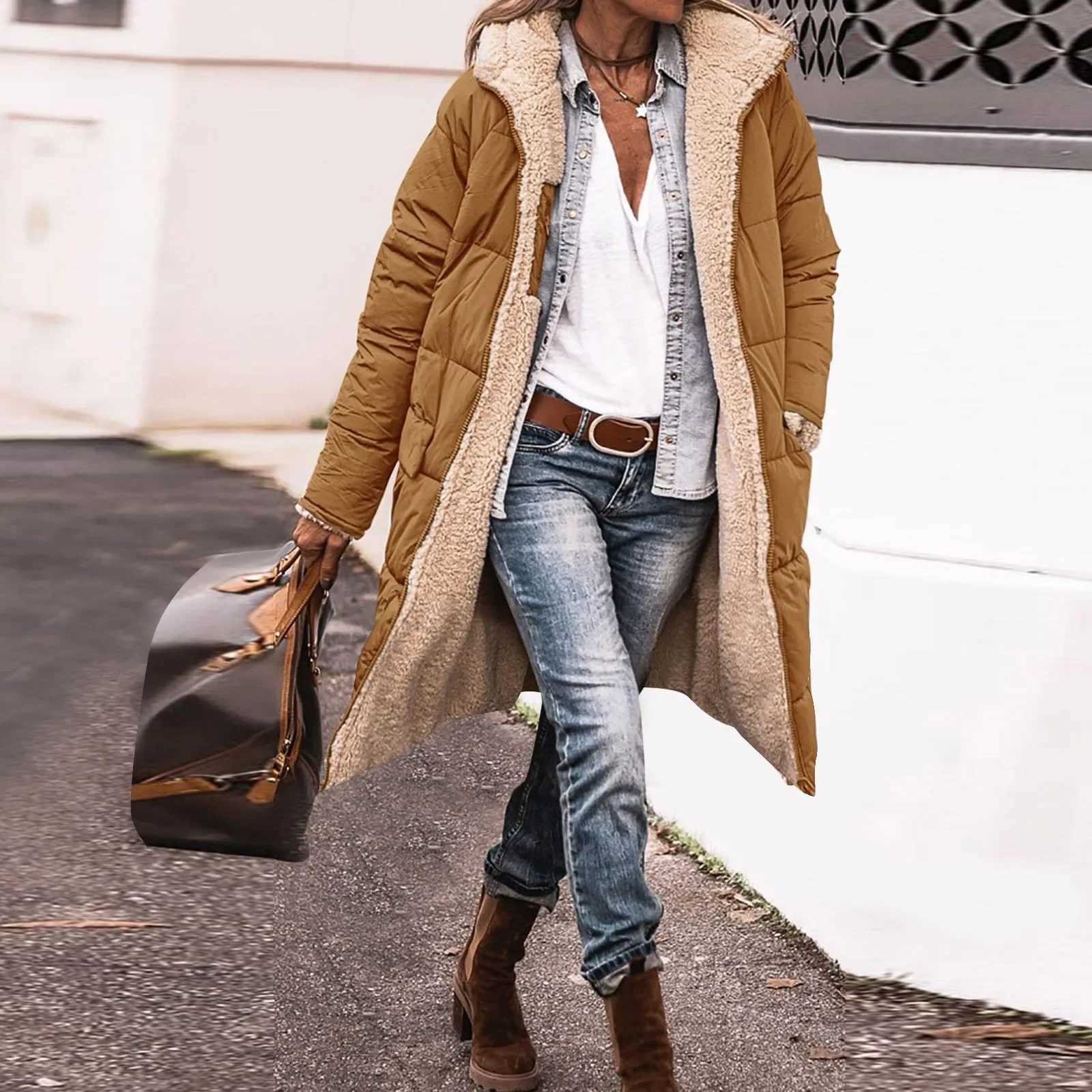 Womens Loose Solid Color Plush Long Parkas 2023 New Winter Parkas Coat Womens Casual Long Sleeve Hooded Pocket Zipper CoatX241018