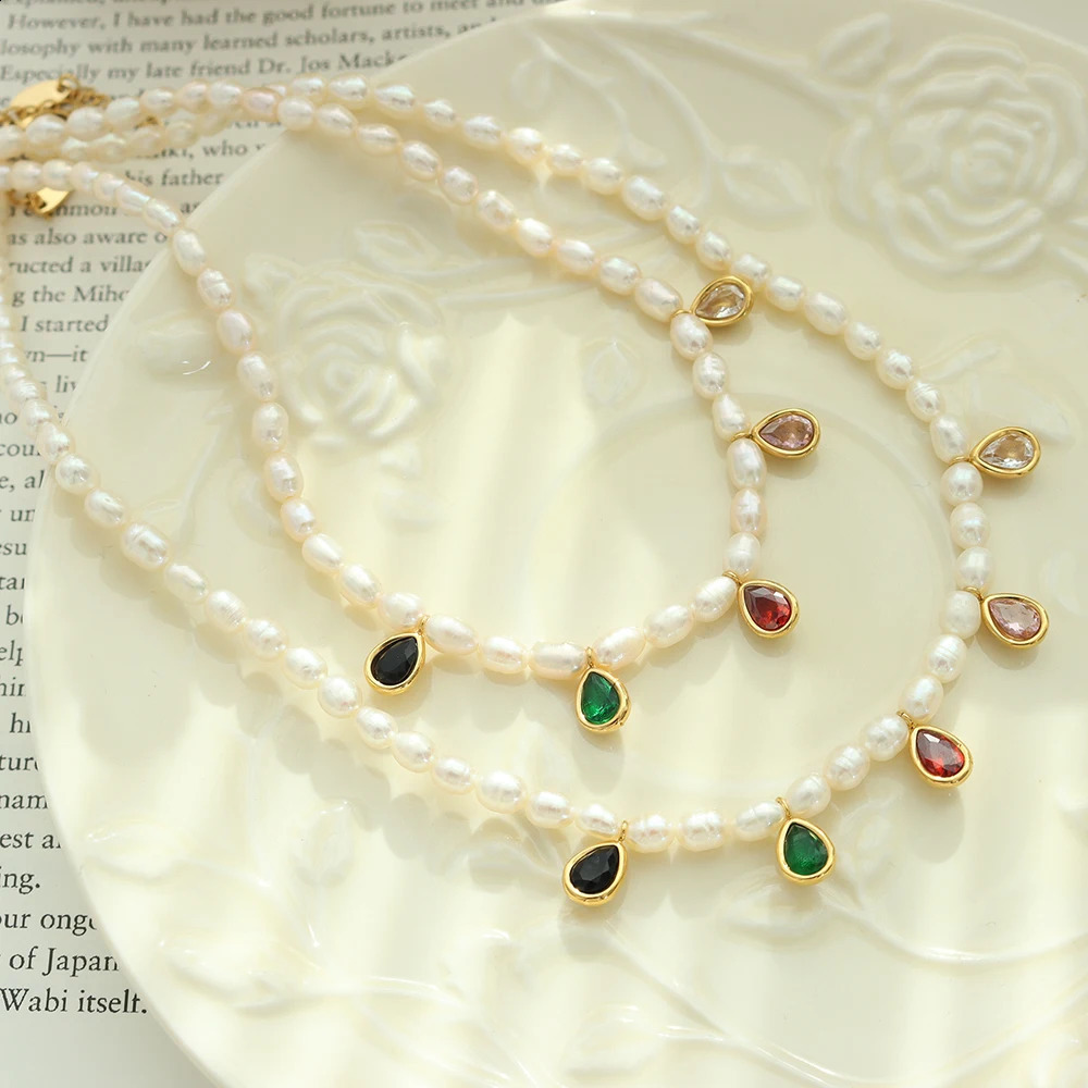 Womens Water Drop Tassel Necklace Crystal Stone Freshwater Pearl Beads Stainless Steel Waterproof Charm Jewelry 241018