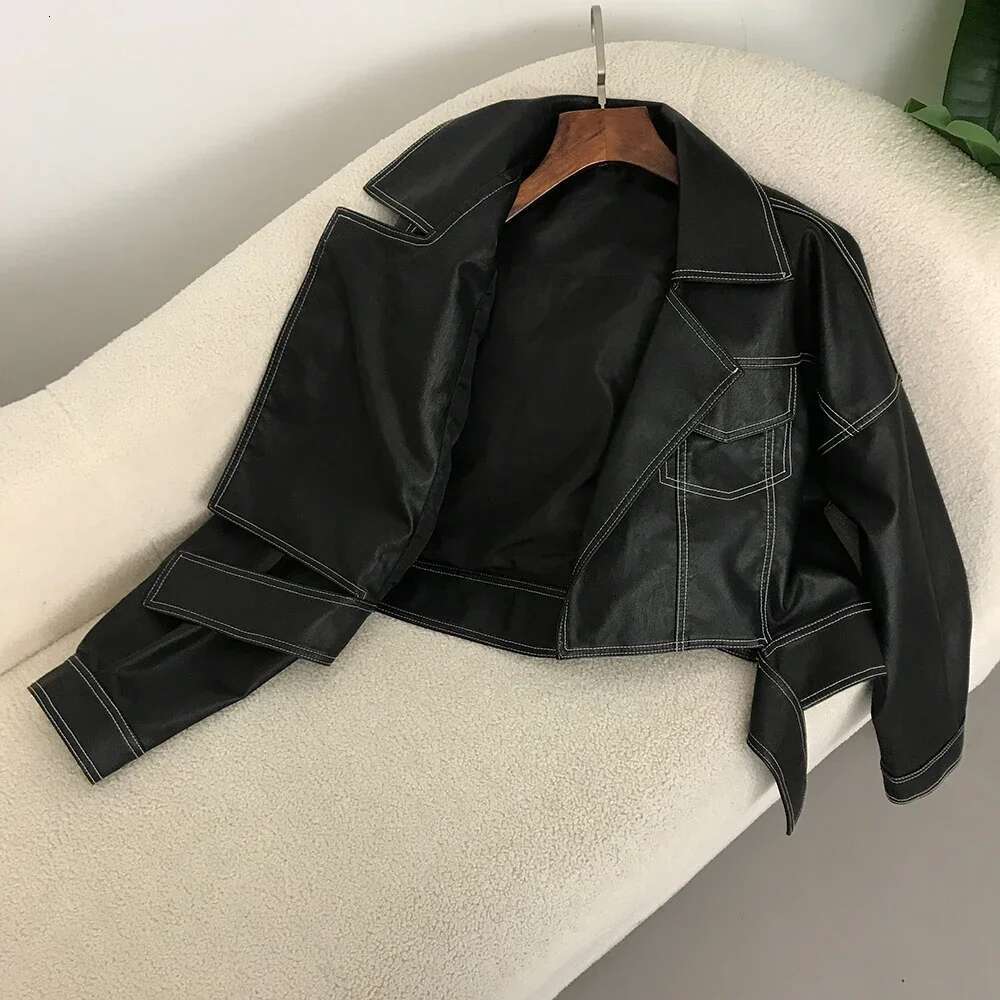 Spring Women Split Hem Black Faux PU Leather Coat Lapel Long Sleeve Female Biker Jacket Streetwear Casual Fashion
