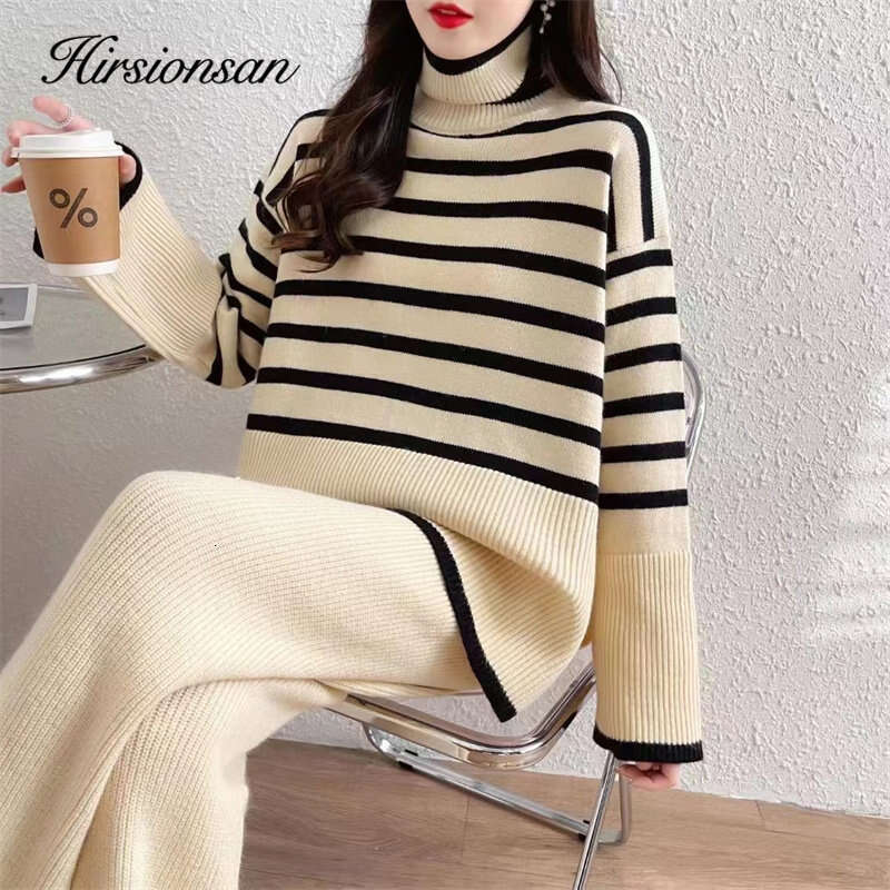 Hirsionsan Turtleneck Sweater And Wide-Leg Pants Two-Piece Suit Women Fashion Slim Loose Slit Knitted Sets Female Casual Outfits