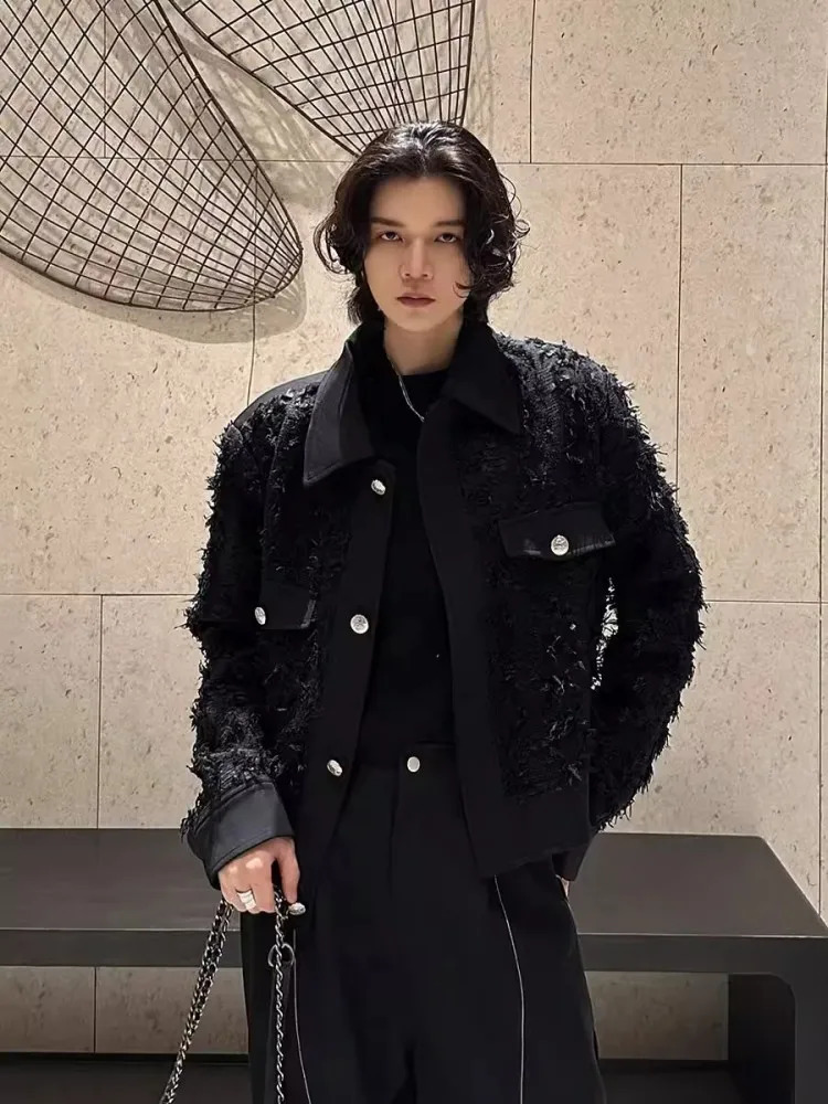 Fashion Mens n Tassels Black Jacket Single Breasted Loose Fit Casual Outerwear Long Sleeve TurnDown Collar Short Coat Male 241018