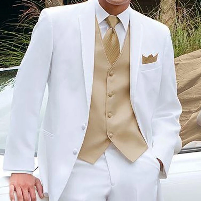 White Groom Tuxedos For Wedding 3 Piece Custom Smoking Men Suits Set Jacket Gold Vest With Pants Male Fashion Clothes 2024
