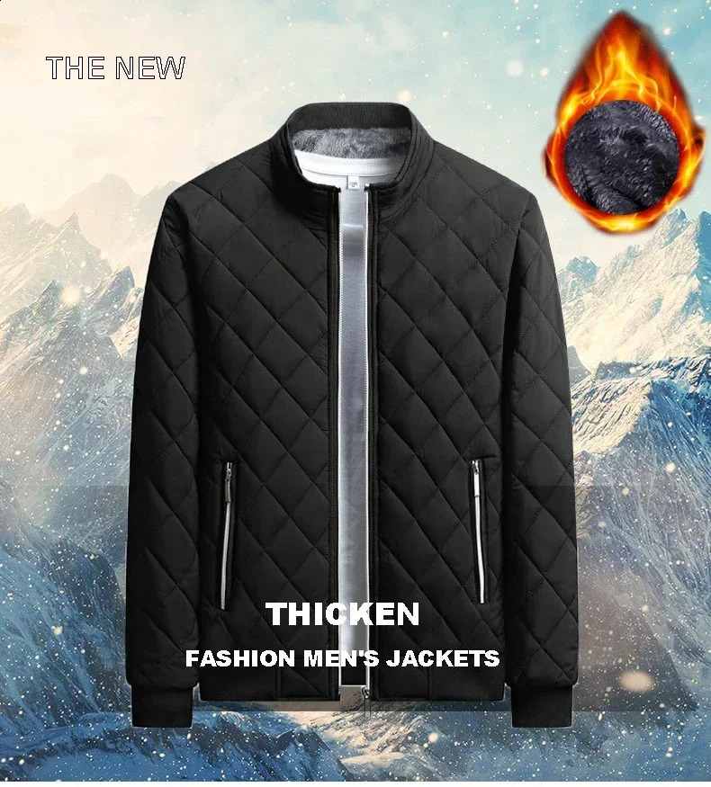 2024 Slim Fit Coat Autumn Winter Bomber Jacket Men Diamond Pattern Fleece Lined Casual Fashion Clothing 241009