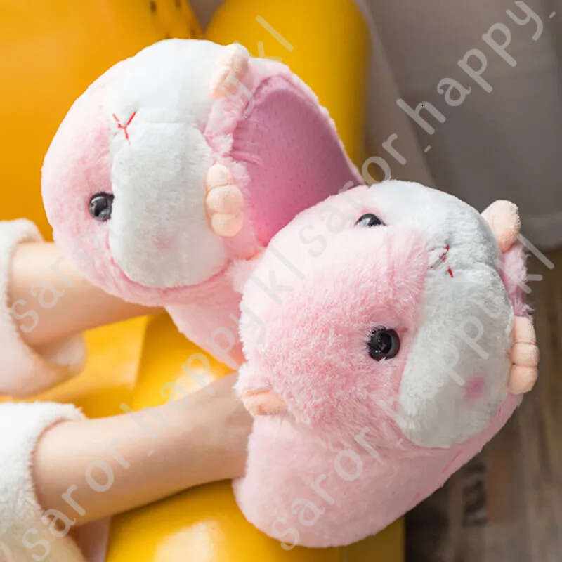 Cute Cartoon Hamster Design House Women Fur Slippers Gray Pink Brown Winter Warm Ladies Plush Shoes Onesize Fluffy Girls Slides 172