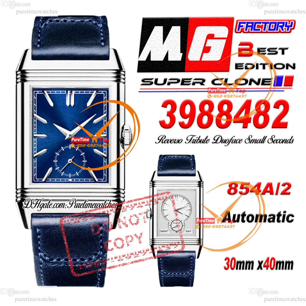 Reverso Classic Duoface Small Seconds A854A Automatic Mens Watch 3988482 MGF Steel Case Blue Silver Stick Dial Leather Strap CHS Puretimewatches Reloj Hombre