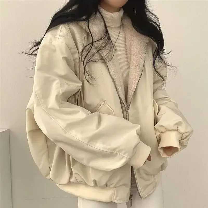 Korean velvet thickened reversible lamb wool cotton coat for women winter new zipper hooded cotton coat top zip up hoodie y2kX241018