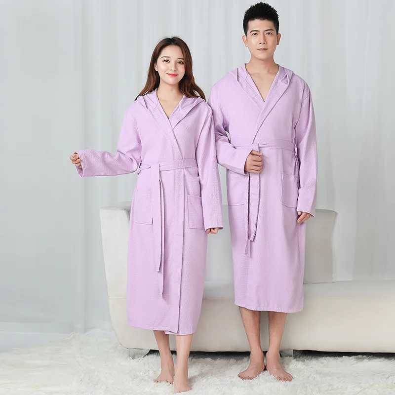 100% Cotton Hooded Robes For Women Autumn New Dressing Gown Men Kimono Bathrobe Long Solid Bath Robe Hotel SleepwearXJ241018