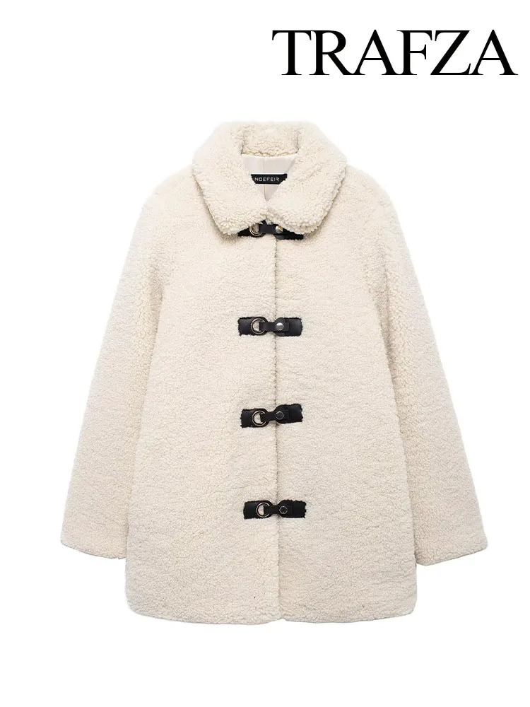 TRAFZA Women Fashion Loose Coat Solid TurnDown Collar Long Sleeves Single Breasted Female Winter Casual Thick Coats 241018