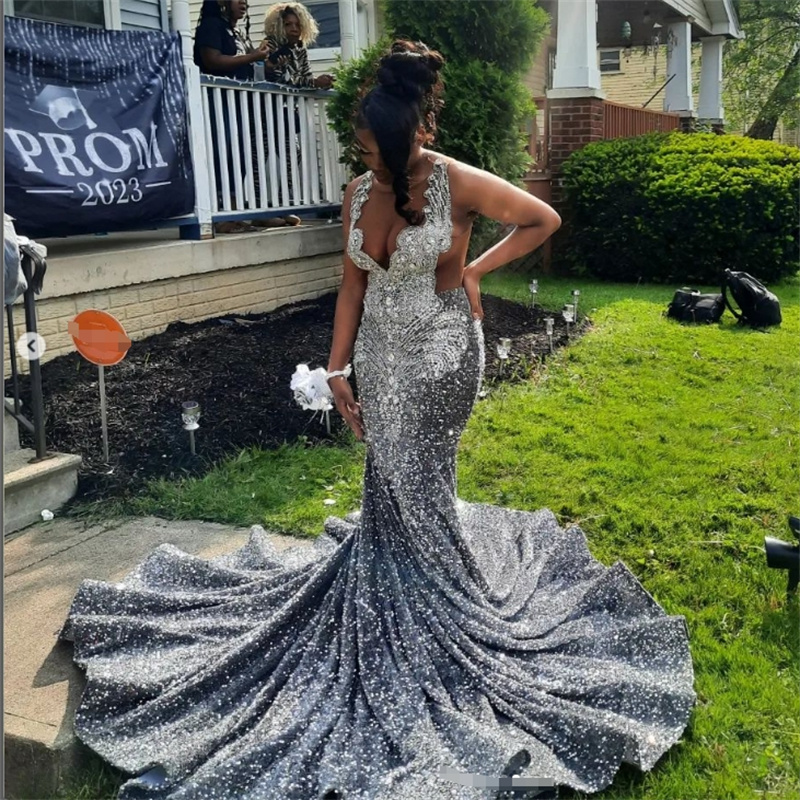 Silver Sparkly Prom Dresses Full Sequined Beaded Crystal Mermaid Evening Dress With Sweep Train Backless Formal Occasion Birthday Dress Shine Vestio D