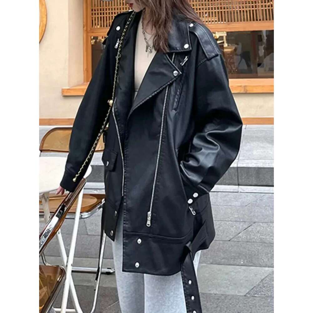 Oversize American Loose Motorcycle Faux Leather Jackets Fashion Black PU Coat Women With Belt Causal Outerwear