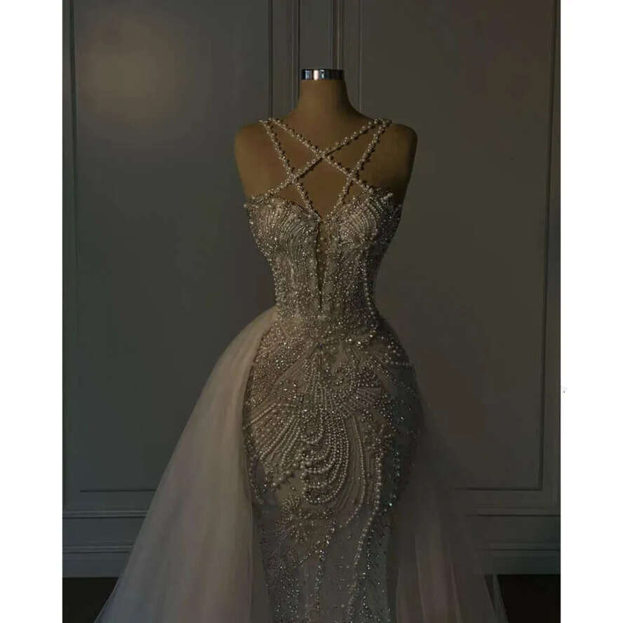 Mermaid Straps Chart Overskirts Cross Dress Gorgeous Pearls Beading Wedding Dresses Bridal Gowns Sweep Train Dubai Robe De Mariage Es es